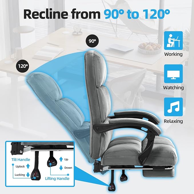 ECOTOUGE Velvet Executive Office Chair with Footrest, Ergonomic Comfy Desk Chair, High Back Computer Chair with Adjustable Tilt Angle, Grey
