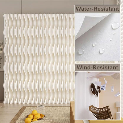 Accordion Kraft Paper Room Divider, 3D Diamond Wave Privacy Screen, Modern Freestanding Folding Partition, No Drill & Portable for Home Office Studio Salon White
