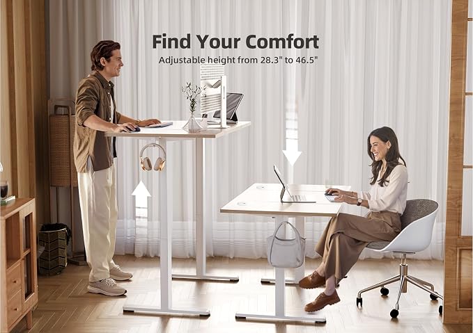 YDN Electric Standing Desk Adjustable Height, 48 x 24 Inches Stand up Desk with Cable Management, Home Office Desks with Splice Board & White Frame, Nature Top