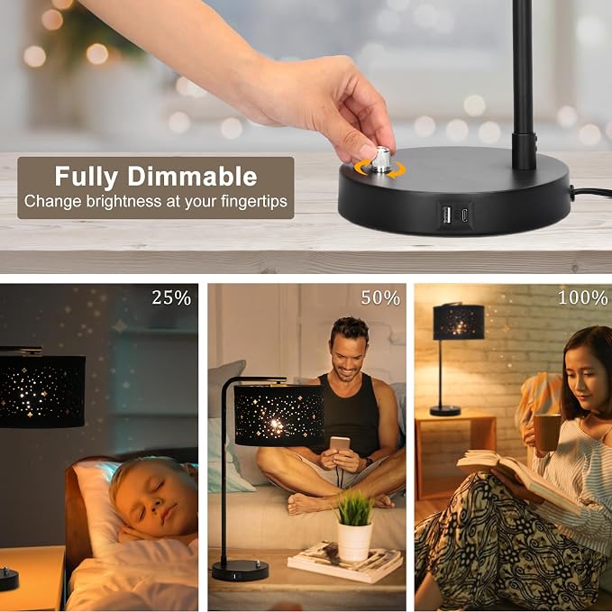 Bedside Table Lamp with USB C+A Ports, Fully Dimmable Modern Nightstand Side Lamps with Stars Shade, Tall Desk Reading Lamps for Living Room Bedroom 3000k LED Bulb Included