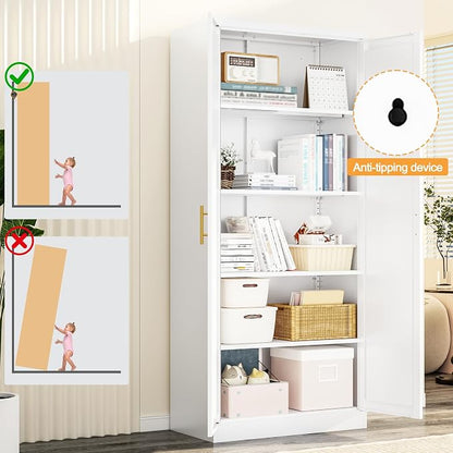71" H Metal Storage Cabinet, Tall Storage Cabinet with Doors & 4 Adjustable Shelves, White Pantry Cabinet for Kitchen, Dining Room & Living Room