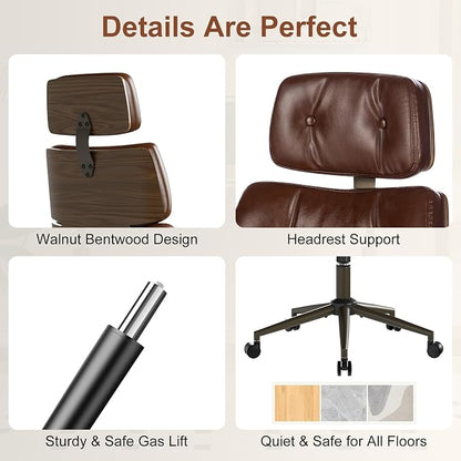 Mid-Century Modern Ergonomic Office Chair,High Back Faux Leather Executive Desk Chair with Walnut Bentwood & Headrest,Adjustable Swivel Computer Chair for Home Office,Brown