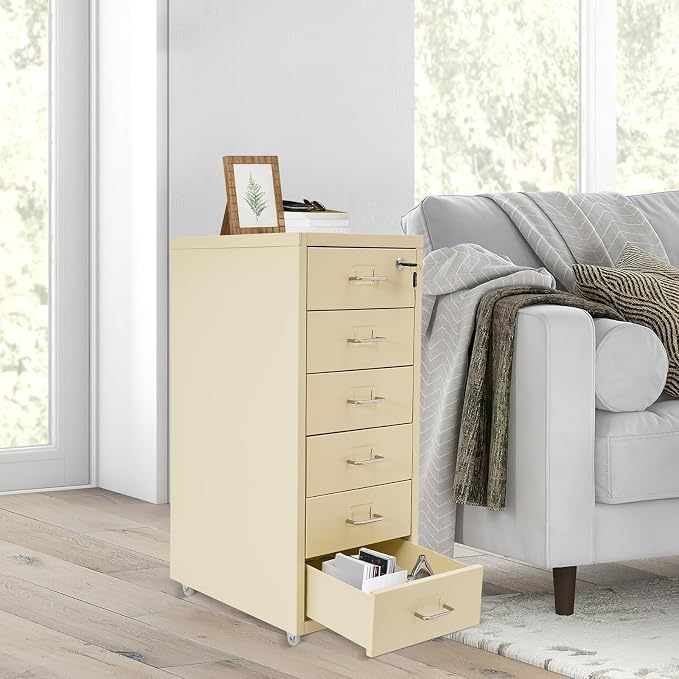 Vertical File Cabinet, 6 Drawers Rolling File Organizer Cabinets with Lock, Heavy Duty Metal Storage Cabinet, Movable Under Desk Filing Cabinet for Office, Study, Dresser (Beige)
