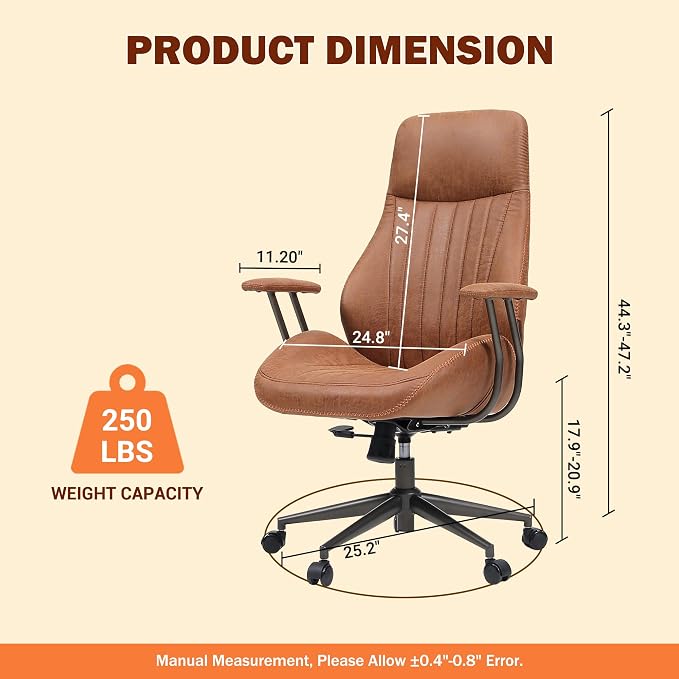 Home Office Chair,Ergonomic Computer Chair with Lumbar Support Adjustable Height,Mid-Century Modern Office Chair with Rolling Swivel Chair for Home Office Game Study(Suede High Back Chair,Light Brown)