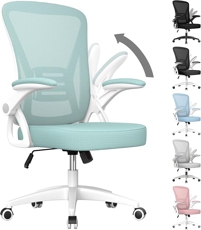 naspaluro Ergonomic Office Chair, Computer Chair with Adjustable Height, Flip-Up Arms and Lumbar Support, Breathable Mesh Desk Chair for Home Study Working (Without Headrest, Green)