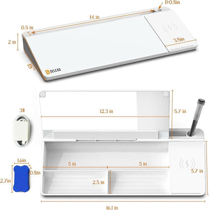 SELEAD Desktop Glass Whiteboard with Wireless Charger & Built-in Mirror, Dry Erase Board Computer Pad Keyboard Stand with Organizer for Home, School, Office Desk Accessories, White