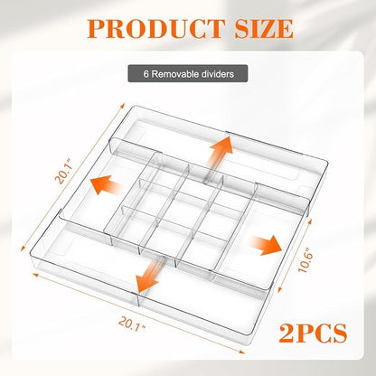 Briwooody 2 Pcs Large Expandable Acrylic Drawer Organizers, Grid Adjustable Drawer, Dividers Organizer for Desk, Makeup, Jewelry, Office, Kitchen Supplies (Clear,15 Compartments)