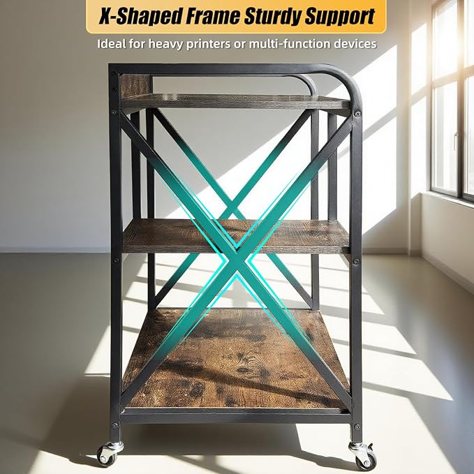 Extra Large Printer Stand, X-shaped Printer Stand with Storage, 2 Feet Width x 1.4 Feet Depth x 2.7 Feet Height, Mobile Printer Table with Wheels for Home Office, Printer and Shredder, Bearing 300 LBS