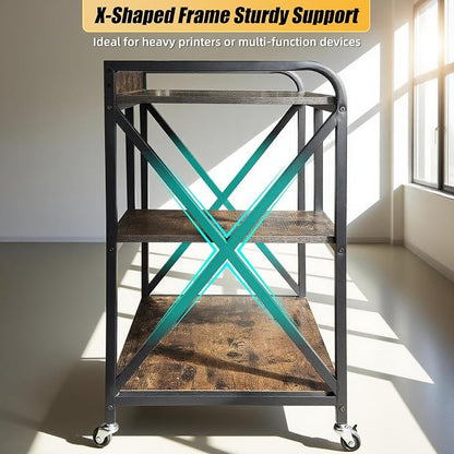 Extra Large Printer Stand, X-shaped Printer Stand with Storage, 2 Feet Width x 1.4 Feet Depth x 2.7 Feet Height, Mobile Printer Table with Wheels for Home Office, Printer and Shredder, Bearing 300 LBS