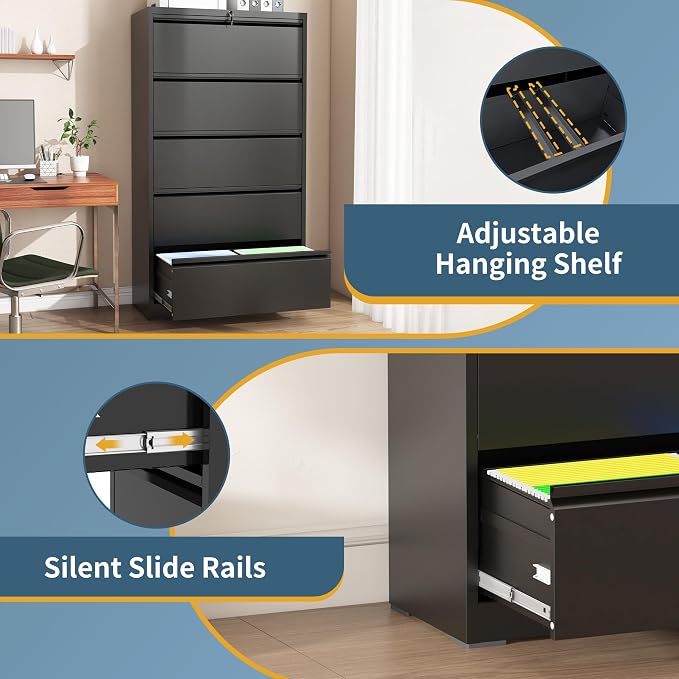 5 Drawer File Cabinet with Lock, Lateral Filing Cabinets, Metal Storage Filing Cabinets for Home Office, Heavy Duty File Cabinet for Letter/Legal/A4/F4 Size Assembly Required, Black