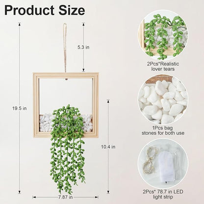 2 Pack Fake Plants Hanging, Artificial Succulents Plants in Square Wooden Frame with Glow Accents, Boho Wall Decor for Office Living Room Bathroom Bedroom Kitchen Indoor Outdoor, Natural Wood