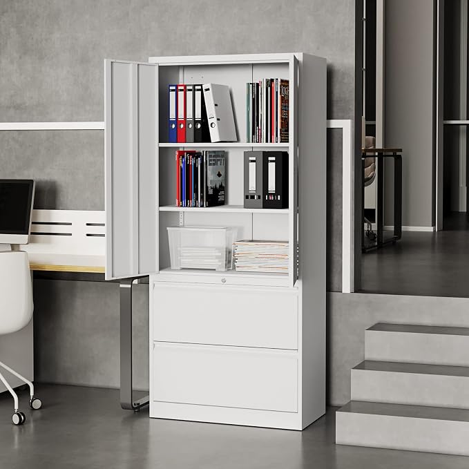 Fesbos Metal Steel Cabinets with 2 Lockable Lateral File Cabinets and Doors, Steel Metal Filing Lockers for Home Office Hanging Files Letter/Legal/F4/A4 Size