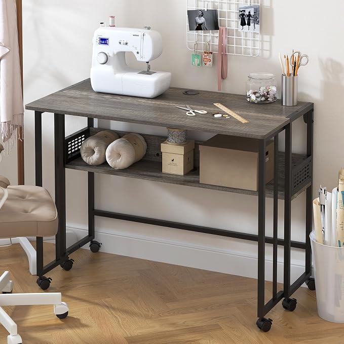 Gezen Folding Desk with Storage Shelf, Small Rolling Desk with Wheels, Mobile Sofa Side Table Bed Desk for Home Office Small Space, Dark Grey, 39.4"