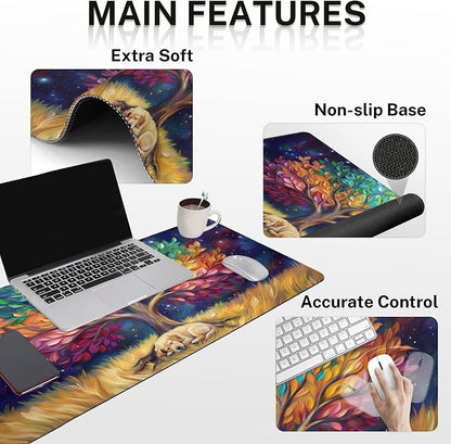 Britimes Colorful Tree Oil Painting Keyboard Mouse Pad Set Cute Dog 4in1 Large Mousepad+Keyboard Wrist Rest+Mouse Wrist Rest+Coaster Ergonomic Design for Home Office Computer 35.4x15.7 inches