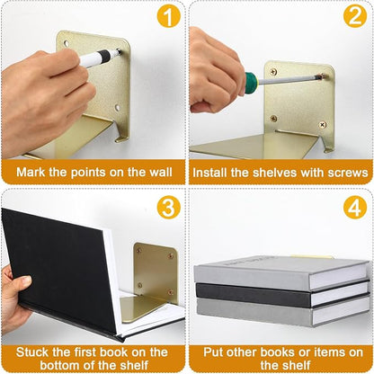 Jetec 6 Pack Invisible Floating Bookshelf Wall Mounted Floating Bookshelves Heavy Duty Book Organizers Hidden Book Shelf Metal Shelves Holder for Books Bedroom Living Room Home Office (Gold)