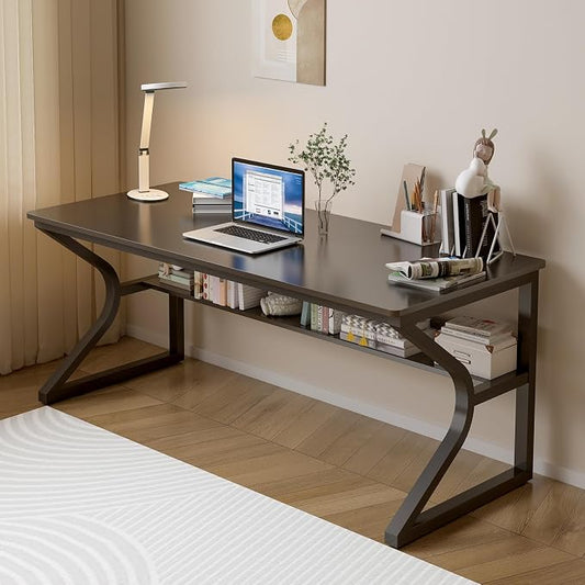 OSCHF Extra Long Desk with Bookshelf - 55" Double Long Writing Table for 2-Person Workstation, Modern Study Work Computer Desk for Home and Office, Black