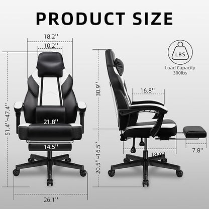 Shintenchi Gaming Chair,Video Game Chair with footrest and Massage Lumbar Support,Height Adjustable Game Chair with 360°Swivel Seat Ergonomic Computer Chair with Headrest for Office or Gaming(White)