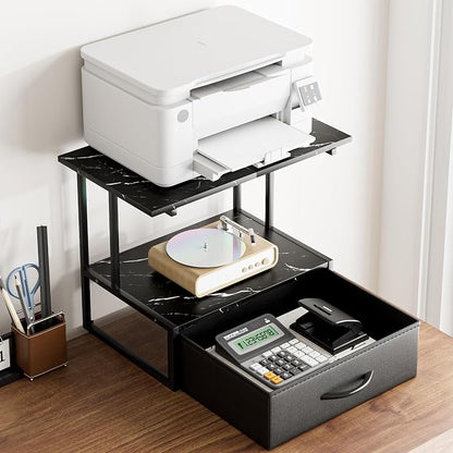 Masupu Printer Stand for Desk, Printer Table with Fabric Storage Drawer, 2 Tier Desktop Shelf, Multi-Purpose Desk Organizer for Home Office, 3D Printer, Fax Machine, Scanner, Marble Black