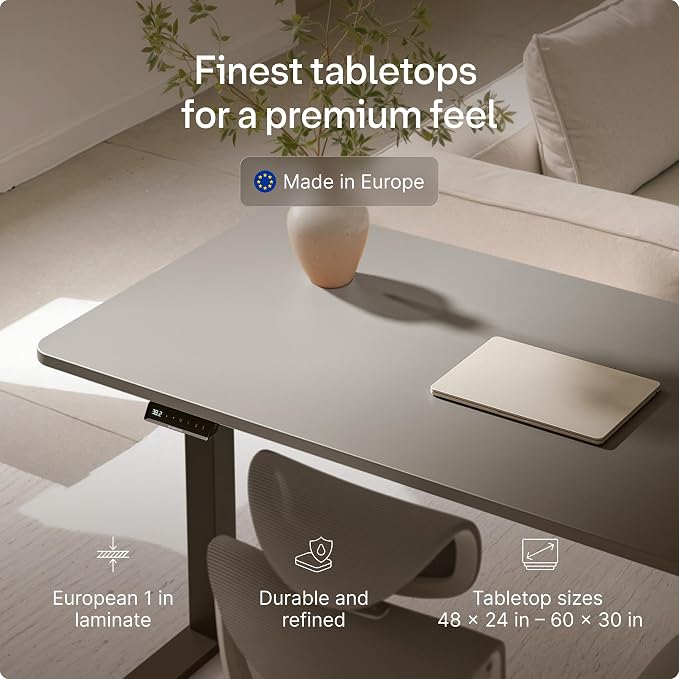 Desktronic HomeOne Standing Desk 48x24 — Ergonomic Sit Stand Home Office Desk, Made in Europe, Electric Dual Motor Height Adjustable, USB & USB-C Charging, Wobble-Free, Touchscreen, 3 Memory Presets