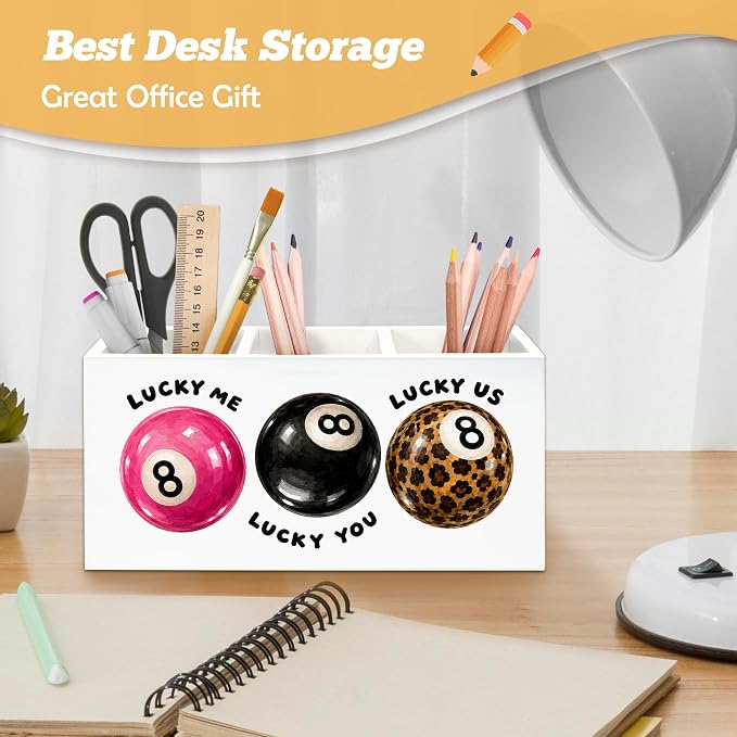 Trendy Retro 8 Ball Pen Holder Organizer for Desk Accessories, Girly Office Decor, Funky Preppy Y2K Lucky Me Lucky 8 Ball Wooden Box Sign Desk Decorations for Girls Room Bedroom Dorm Decor