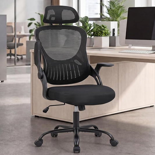 DUMOS Ergonomic Office Chair – High Back Mesh Computer Chair with Lumbar Support, Headrest, Flip-up Arms, and Swivel Wheels – Comfortable Gaming & Desk Chair for Home Bedroom Office,Black