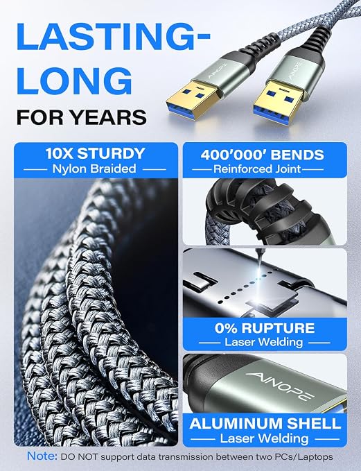 AINOPE USB to USB Cable, 3.3FT*1Pack USB 3.0 A to A Male to Male Cable [Never Rupture] Double End Type A Cord for Data Transfer, Compatible with Hard Drive Enclosures, Laptop Cooler, KVM, DVD Player