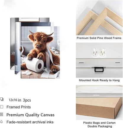 Funny Bathroom Highland Cow Wall Art Set of 3, Brown Cute Cow Animal Canvas Posters Prints Wall Decor, Vintage Rustic Farmhouse Home Painting Pictures for Kids Room Restroom Framed 12x16 Inch