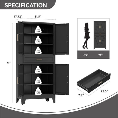 Metal Storage Cabinets with Drawer, 71" Filing Cabinet with 4 Adjustable Shelves & 4 Doors, Modern Abstract Rhombus Geometric Design File Cabinet for Home,Office,Garage,Shop,School, Black