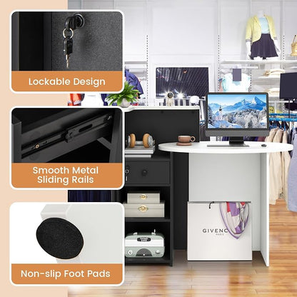 Tangkula Reception Desk, Front Counter Desk with Lockable Drawer & Adjustable Shelf, Oval Desktop, Retail Counter for Checkout, Computer Workstation for Salon Lobby Office, Home Office Desk