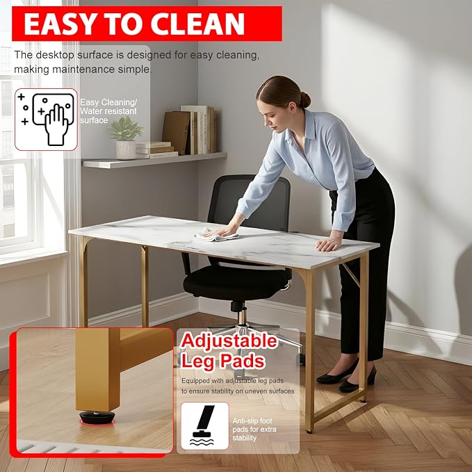 PayLessHere | 55 Inch Computer Desk | White Gold | Office Desk with Metal Frame, Adjustable Feet | Water-Resistant, Scratchproof Surface | Sturdy Writing Table for Home Office or Study | Pack of 1
