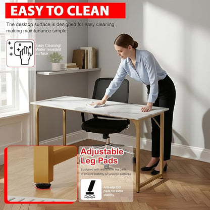 PayLessHere | 55 Inch Computer Desk | White Gold | Office Desk with Metal Frame, Adjustable Feet | Water-Resistant, Scratchproof Surface | Sturdy Writing Table for Home Office or Study | Pack of 1