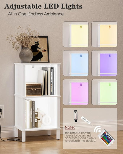 Bookshelf with LED Lights, Modern 2-Tier Bookcase, Open Storage Book Shelf, 11 × 14.2 × 27.4 Inches, Small Narrow Bookshelves for Living Room, Home Office, Bedroom, White