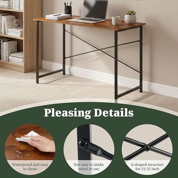 Computer Desk 48 Inch, Home Office Desk Simple Study Writing Table, Sturdy Metal Frame, Scratch-Resistant MDF Desktop for Bedroom Dorm Workspace, Brown
