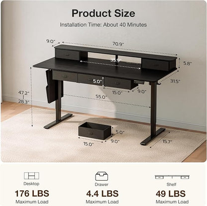 71x32″ Electric Standing Desk with 5 Drawers, Sit Stand Desk with Power Outlets, Monitor Shelf, RGB LED Lights and Cable Management, Height Adjustable 28.3"-47.2" for Home & Office, Black