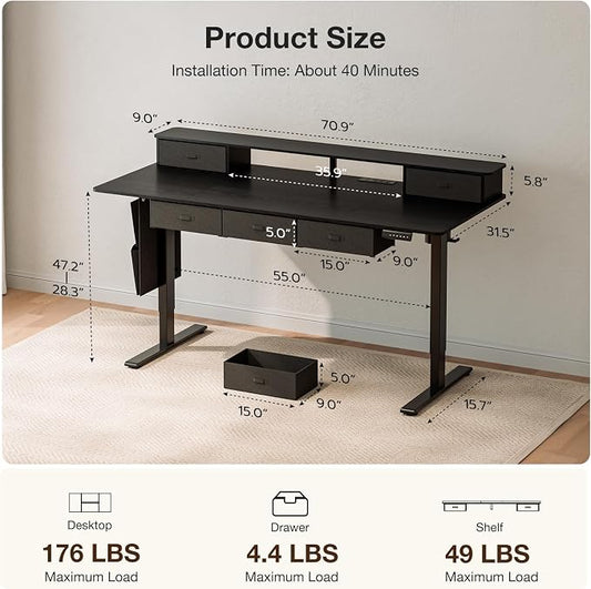 71x32″ Electric Standing Desk with 5 Drawers, Sit Stand Desk with Power Outlets, Monitor Shelf, RGB LED Lights and Cable Management, Height Adjustable 28.3"-47.2" for Home & Office, Black