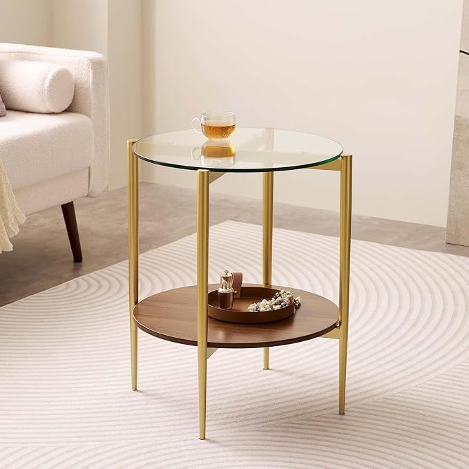LumFurn Round Glass End Table, Mid-Century Modern Design Sofa Table for Living Room, D18 x H23, 2-Tier Structure, Clear Glass Top and Walnut Shelf, Sleek Conical Legs with Gold Finish Frame