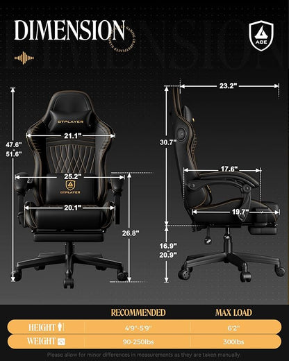 GTPLAYER Gaming Chair with Speakers, Video Game Chairs with Footrest, PC Gamer Chairs for Adults - Padded High Back Ergonomic Reclining Silla Gamer, Linkage Armrest, Ace Pro, Black & Orange Stitch