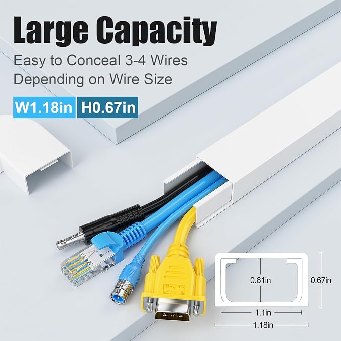 Yecaye Cord Hider, 113in Large Cord Covers for Wires on Wall, Cord Organizer for 3-4 Wires, Easy Install Cable Management Kit, TV Wire Hider for Home Office, W1.18in H0.67in, White