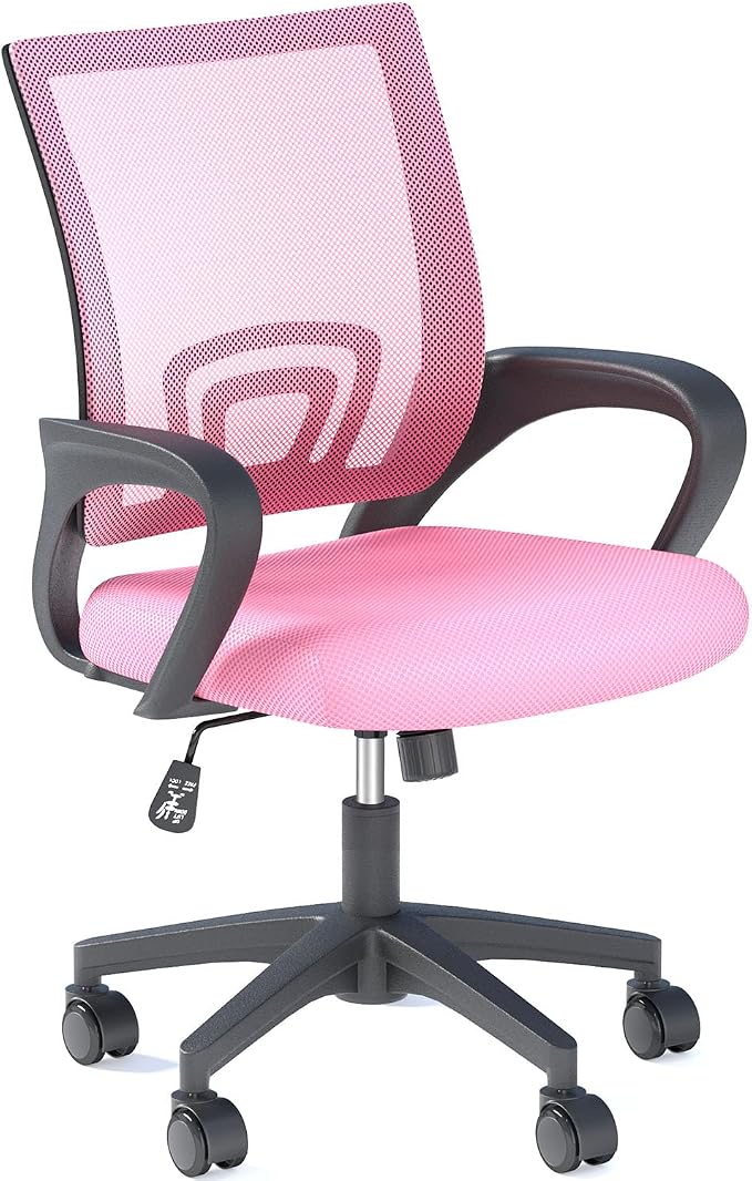 OS MOTOR Home Office Chair, Ergonomic Mid-Back Mesh Desk Chair with Lumbar Support, Adjustable Swivel Rolling Design, Comfy Armrest for Work, Study, Gaming, Vanity, Pink