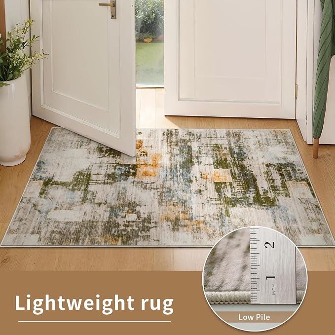 Ciicool Modern Abstract Rug for Living Room, 5'x7' Machine Washable Soft Area Rug Non-Slip Rug, Low-Pile Contemporary Indoor Dining Floor Carpet for Bedroom Office Under Table Home Decor Beige Green