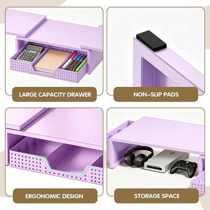 LEKETREE Dual Monitor Stand Riser with Drawer, Desk Organizer and Accessories, Monitor Stand for Desk, Desktop Stand for Computer, Laptop, TV and More (Purple)