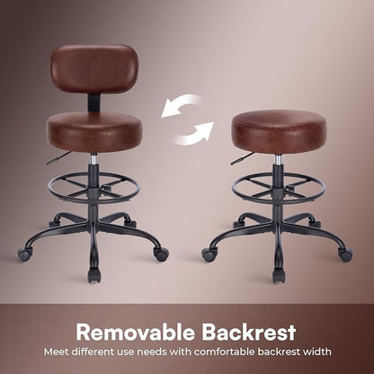 SUPERJARE Drafting Chair with Back, Adjustable Foot Rest Rolling Stool, Multi-Purpose Office Desk Chair, Thick Seat Cushion for Home Bar Kitchen Shop - Rustic Brown