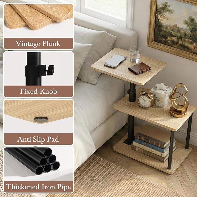 Faesun 360° Swivel Side Table for Height Adjustable, C Shaped End Table for Couch with Storage, 3-Tier Night Stand with Open Shelf, Tv Tray for Small Spaces, Living Room, Bedroom, Oak