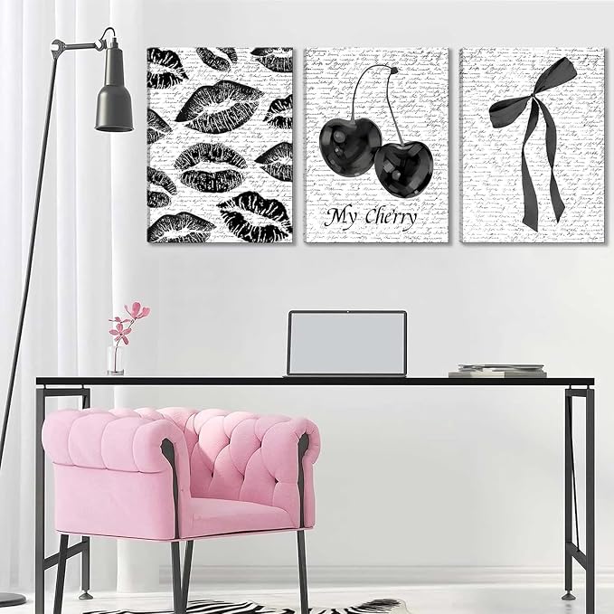 Black And White Canvas Wall Art Set of 3, Fashion Black White Lips And Cherry Posters Wall Decor, Trendy Aesthetic Bow Pictures Prints Paintings for Girls Bedroom Dorm Bathroom12x16in Framed