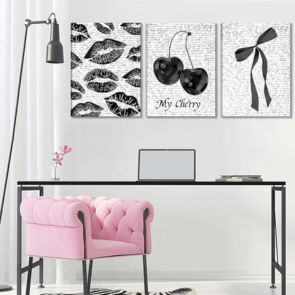 Black And White Canvas Wall Art Set of 3, Fashion Black White Lips And Cherry Posters Wall Decor, Trendy Aesthetic Bow Pictures Prints Paintings for Girls Bedroom Dorm Bathroom16x24in Framed