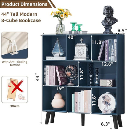 LEYAOYAO 8 Cube Bookshelf,3 Tier Bookcase with Legs,Dark Blue Mid-Century Modern Bookshelves,Large Open Storage Organizer Shelf, Wooden Book Case