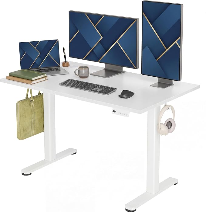 Claiks Electric Standing Desk 48 x 24 Inches, Motorized Sit Stand Desk with 3 Memory Presets & Cable Management, Spacious Ergonomic Computer Workstation for Dual Monitors & Gaming Setup, White