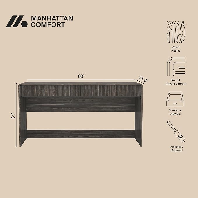 Manhattan Comfort Novara Modern 60" Writing Desk with 2 Smooth-Glide Drawers with Fluted Fronts, Office Desk with Large Work Surface, Stylish Rounded Edges, Jacobean Walnut