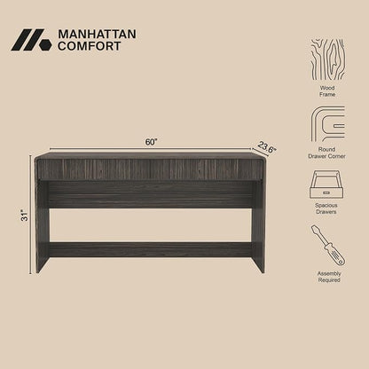 Manhattan Comfort Novara Modern 60" Writing Desk with 2 Smooth-Glide Drawers with Fluted Fronts, Office Desk with Large Work Surface, Stylish Rounded Edges, Jacobean Walnut