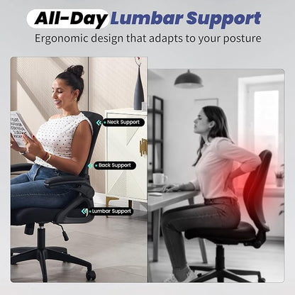 Executive Office Chair with Adjustable Lumbar Support Flip-Up Arms,Black | Executive Mesh Office Chair with Adjustable Lumbar Support, Flip-Up Arms, Thick Foam Seat, Swivel Rolling Chair, 400lbs